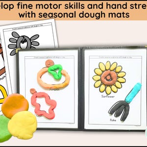May include: A set of seasonal dough mats with colorful playdough sculptures. The mats feature illustrations of a pumpkin, sunflower, and rake. The text reads "Develop fine motor skills and hand strength with seasonal dough mats."