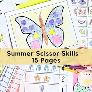 Puede incluir: Una colecci&oacute;n de hojas de trabajo de habilidades con tijeras con tem&aacute;tica de verano. Las hojas de trabajo presentan ilustraciones coloridas de una mariposa, criaturas marinas y otros objetos de verano. El texto "Summer Scissor Skills - 15 Pages" se muestra en una pancarta amarilla.