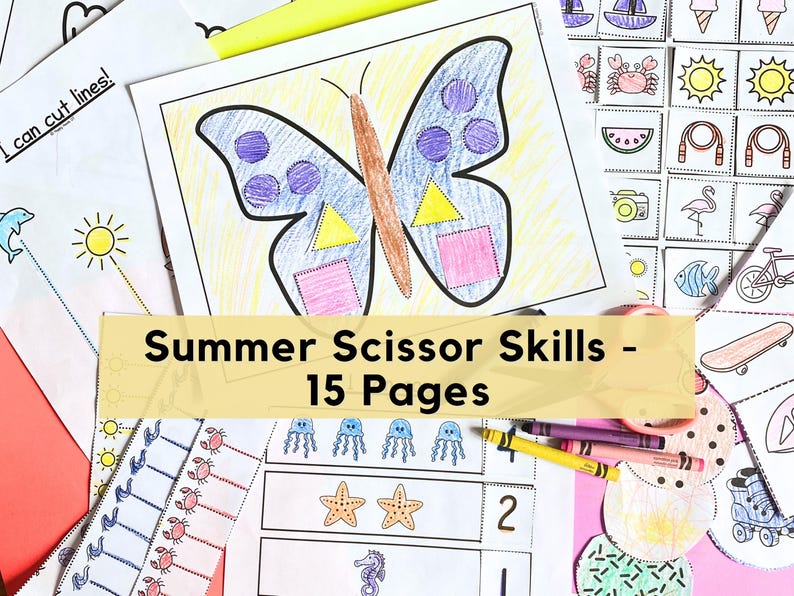 Puede incluir: Una colecci&oacute;n de hojas de trabajo de habilidades con tijeras con tem&aacute;tica de verano. Las hojas de trabajo presentan ilustraciones coloridas de una mariposa, criaturas marinas y otros objetos de verano. El texto "Summer Scissor Skills - 15 Pages" se muestra en una pancarta amarilla.