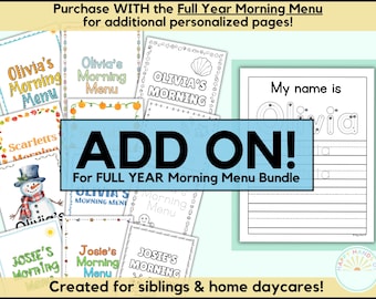 ADD ON- Full Year Morning Menu Additional Personalized Name Tracing Worksheets