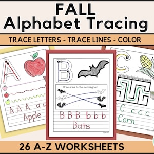 Hojas de trabajo para trazar el abecedario de otoño Hojas de trabajo para trazar las letras de otoño para preescolar Centros preescolares Práctica de escritura a mano Educación en el hogar Página para colorear de Halloween