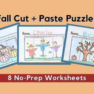 May include: A set of eight printable fall-themed cut and paste puzzles for kids. The puzzles feature a scarecrow, a pumpkin, and a tree with falling leaves. Each puzzle has a name at the top and directions to cut on the dotted lines, solve the puzzle, and glue in place. Color the picture.