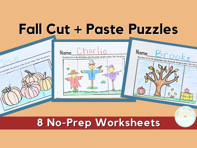 May include: A set of eight printable fall-themed cut and paste puzzles for kids. The puzzles feature a scarecrow, a pumpkin, and a tree with falling leaves. Each puzzle has a name at the top and directions to cut on the dotted lines, solve the puzzle, and glue in place. Color the picture.