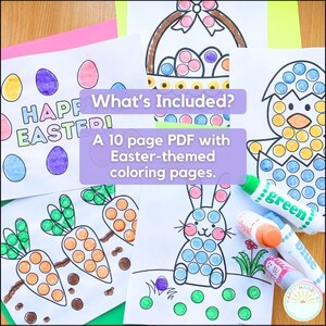 May include: A 10-page PDF printable colouring book with Easter-themed images. The images include a bunny, carrots, a chick, an Easter basket, and the words "Happy Easter!"
