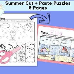 Puede incluir: Dos rompecabezas de verano para recortar y pegar. Un rompecabezas muestra una escena de d&iacute;a lluvioso con un paraguas, y el otro muestra una escena de playa con un velero y un cangrejo. El texto dice "Summer Cut + Paste Puzzles 8 Pages".