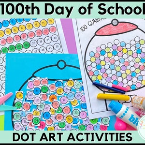 May include: A 100th day of school activity set with two printable dot art activities. One activity is a gumball machine with 100 circles to color in. The other activity is a 100 dot grid with numbers 1-100 to color in.