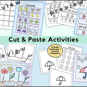 Puede incluir: Una colecci&oacute;n de actividades imprimibles de cortar y pegar para ni&ntilde;os. Las hojas de trabajo presentan ilustraciones coloridas de flores, mariposas y otros objetos. Incluye plantillas horizontales y verticales. El texto de la imagen dice "Cut & Paste Activities".