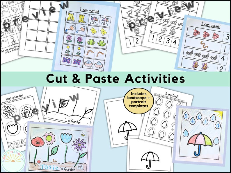 Puede incluir: Una colecci&oacute;n de actividades imprimibles de cortar y pegar para ni&ntilde;os. Las hojas de trabajo presentan ilustraciones coloridas de flores, mariposas y otros objetos. Incluye plantillas horizontales y verticales. El texto de la imagen dice "Cut & Paste Activities".
