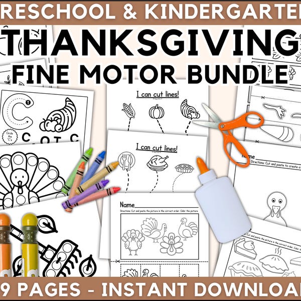 PRINTABLE BUNDLE: Thanksgiving Preschool Fine Motor Scissor Skills ABC Tracing Worksheet Turkey Coloring Page Dot Marker Simple Homeschool
