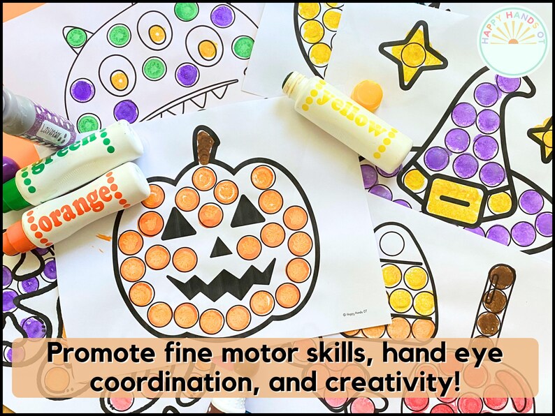 May include: A set of four Halloween-themed dot-to-dot activity sheets featuring a pumpkin, a witch's hat, a monster, and a star. The sheets are printed on white paper and have black outlines. The text "Promote fine motor skills, hand eye coordination, and creativity!" is printed at the bottom of the image.