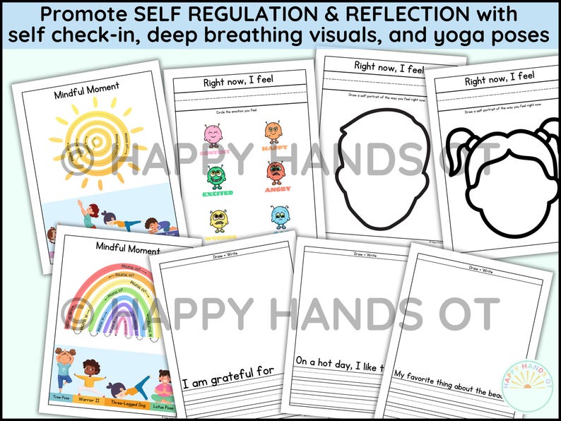 May include: A collection of printable worksheets for self-regulation and reflection. The worksheets include prompts for self-check-in, drawing self-portraits, and identifying feelings. The pages also feature yoga poses and deep breathing visuals.