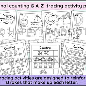 May include: Black and white activity pages for seasonal counting and A-Z tracing. The pages feature letters, counting exercises, and line tracing activities. The text on the image says "Seasonal counting & A-Z tracing activity pages" and "Line tracing activities are designed to reinforce the strokes that make up each letter."