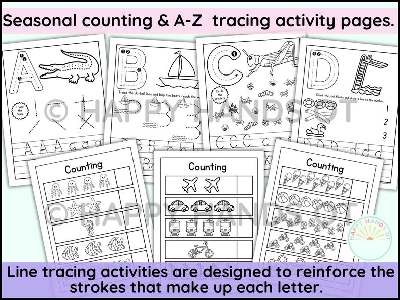 May include: Black and white activity pages for seasonal counting and A-Z tracing. The pages feature letters, counting exercises, and line tracing activities. The text on the image says "Seasonal counting & A-Z tracing activity pages" and "Line tracing activities are designed to reinforce the strokes that make up each letter."