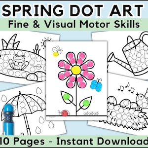 Peut inclure: Un ensemble de 10 pages d'art de points à thème printanier imprimables pour les enfants. Les pages présentent des images d'une grenouille, d'une fleur, d'un arrosoir, d'un oiseau et d'un parapluie. Chaque image est composée de cercles que les enfants peuvent colorier avec des marqueurs à points ou de la peinture.