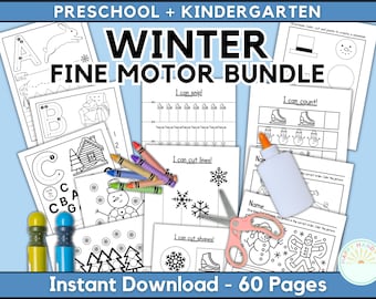 May include: A collection of winter-themed fine motor skill activities for preschool and kindergarten children. The image shows coloring pages, scissors, crayons, glue, and other supplies. The text on the pages includes "I can snip!", "I can cut lines!", and "I can count!"