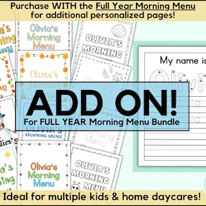 May include: A collection of printable activity sheets titled Olivia's Morning Menu, featuring various colorful and black-and-white designs, including a snowman, seasonal leaves, and a name-tracing worksheet with the text My name is Olivia.