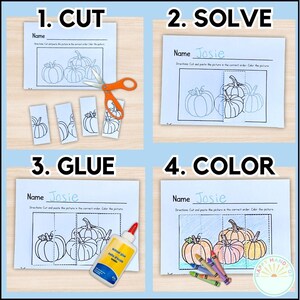 May include: A printable worksheet with four steps for a fall-themed craft project: cut, solve, glue, and color. The worksheet features a picture of three pumpkins and includes the text "Name Josie" and "Directions Cut and paste the picture in the correct order Color the picture".