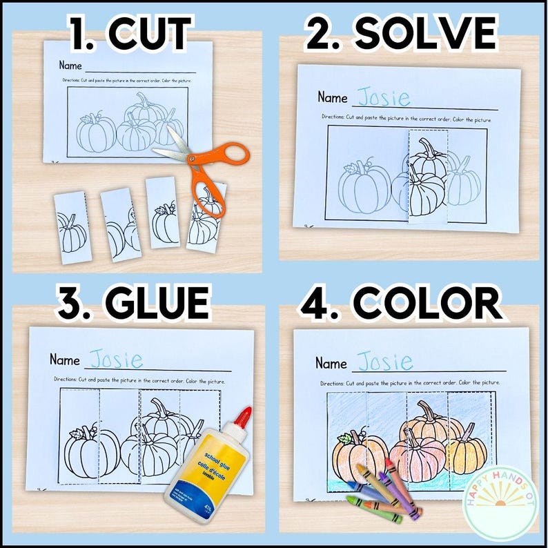 May include: A printable worksheet with four steps for a fall-themed craft project: cut, solve, glue, and color. The worksheet features a picture of three pumpkins and includes the text "Name Josie" and "Directions Cut and paste the picture in the correct order Color the picture".