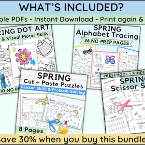 Puede incluir: Un paquete de actividades educativas imprimibles con tem&aacute;tica de primavera para preescolar y jard&iacute;n de infancia. Incluye arte de puntos, trazado de alfabeto, rompecabezas de cortar y pegar y p&aacute;ginas de habilidades con tijeras. El paquete se anuncia con un 30% de descuento.