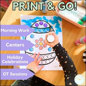 May include: A child's hand is shown painting a large egg-shaped outline with colourful dots. The egg is on a white sheet of paper with the words "PRINT & GO!" at the top. The paper is on a wooden table. The child is wearing a black shirt with white triangles. The image is a printable activity for children.
