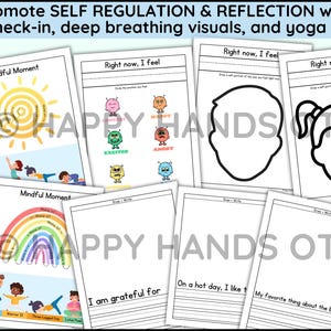 May include: A set of printable worksheets designed for self-regulation and reflection. The pages include prompts for self-check-in, drawing self-portraits, and writing about feelings. The worksheets feature yoga poses and breathing exercises. The text on the pages includes "Mindful Moment" and "Right now, I feel."
