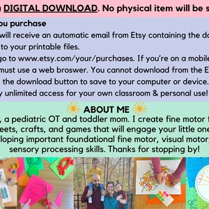 May include: A digital download for fine motor skills worksheets, crafts, and games for toddlers. The image shows a collage of children's activities, including coloring, cutting, and playing with play dough. The text "Happy Hands OT" is visible in the lower right corner of the image.