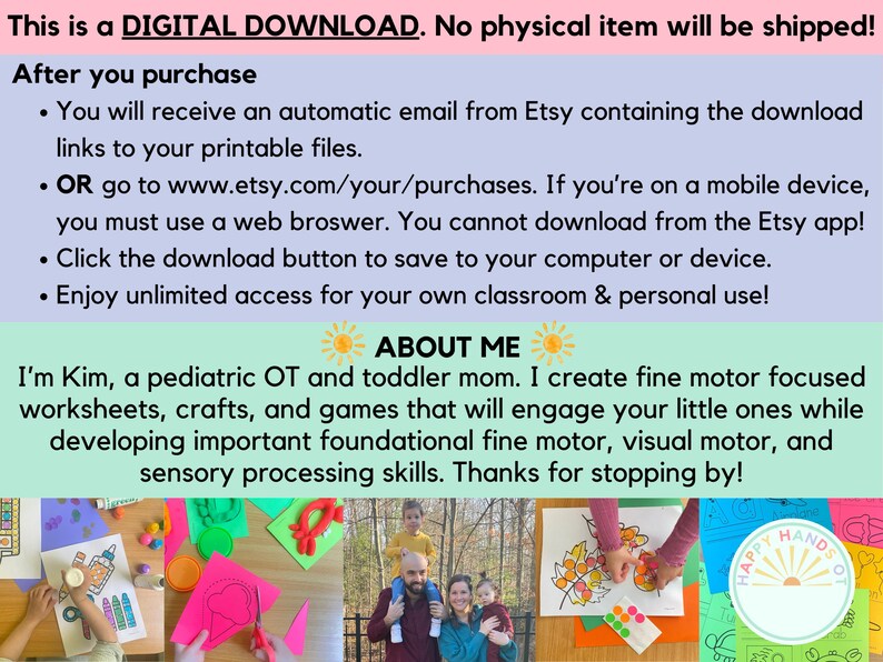 May include: A digital download for fine motor skills worksheets, crafts, and games for toddlers. The image shows a collage of children's activities, including coloring, cutting, and playing with play dough. The text "Happy Hands OT" is visible in the lower right corner of the image.