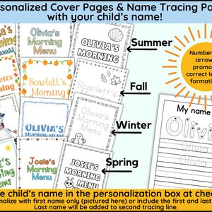 May include: A selection of personalized cover pages and name tracing pages for children. The pages feature seasonal themes and the text "Olivia's Morning Menu", "Scarlett's Morning Menu", and "Josie's Morning Menu". The image also includes the text "My name is Olivia" with tracing lines.