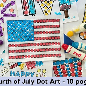 May include: A set of 10 printable dot art pages featuring Fourth of July themes. The pages include images of an American flag, fireworks, ice cream cones, and popsicles. The pages are designed to be colored in with dot markers.