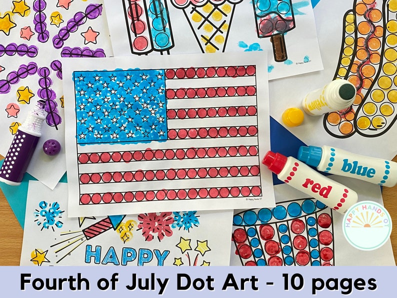 May include: A set of 10 printable dot art pages featuring Fourth of July themes. The pages include images of an American flag, fireworks, ice cream cones, and popsicles. The pages are designed to be colored in with dot markers.