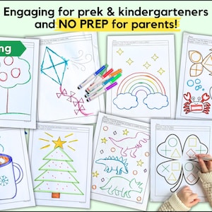 May include: A collection of tracing worksheets for pre-kindergarten and kindergarten students. The worksheets feature various images, including a tree, kite, rainbow, and dinosaurs, with the text "Engaging for prek & kindergarteners and NO PREP for parents!"