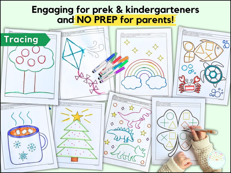 May include: A collection of tracing worksheets for pre-kindergarten and kindergarten students. The worksheets feature various images, including a tree, kite, rainbow, and dinosaurs, with the text "Engaging for prek & kindergarteners and NO PREP for parents!"