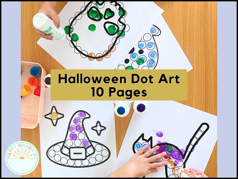 May include: Halloween dot art activity with 10 pages. The image shows various Halloween-themed outlines, including a witch's hat, a cat, and a skull, designed to be filled with colorful dots. A child is shown applying dots with a glue bottle.