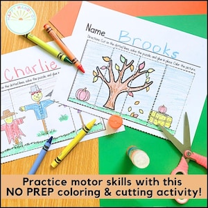 May include: Two printable worksheets for kids to color and cut out. The worksheets feature a scarecrow and a fall tree. The worksheets are labeled "Charlie" and "Brooks".