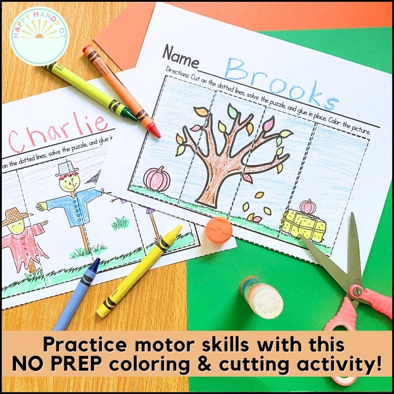 May include: Two printable worksheets for kids to color and cut out. The worksheets feature a scarecrow and a fall tree. The worksheets are labeled "Charlie" and "Brooks".