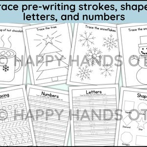 May include: A collection of printable worksheets for pre-writing practice. The worksheets include tracing activities for shapes, letters, and numbers. Images include a mug of hot chocolate, a Christmas tree, snowflakes, and a snowman.