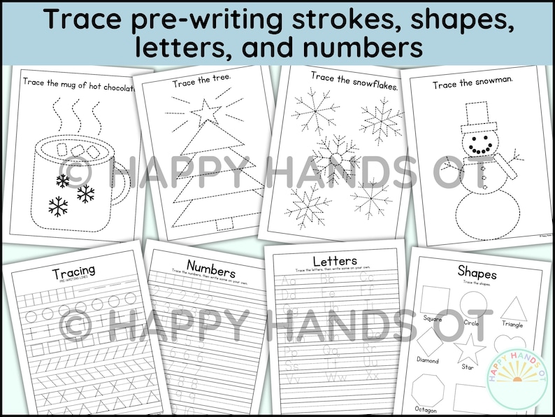 May include: A collection of printable worksheets for pre-writing practice. The worksheets include tracing activities for shapes, letters, and numbers. Images include a mug of hot chocolate, a Christmas tree, snowflakes, and a snowman.