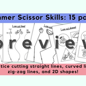 May include: A preview of a printable summer scissor skills activity pack for kids. The pack includes 15 pages of cutting practice with various shapes, lines, and summer-themed images. The text on the page reads "Summer Scissor Skills: 15 pages" and "Practice cutting straight lines, curved lines, zig-zag lines, and 2D shapes!"