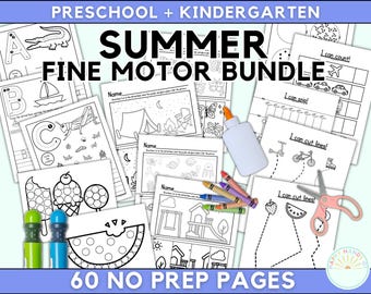 May include: A collection of preschool and kindergarten summer fine motor skill activity pages. The bundle includes coloring pages, cutting practice, and counting exercises. The image shows a glue bottle, crayons, and scissors. The text on the image says "Summer Fine Motor Bundle" and "60 No Prep Pages."