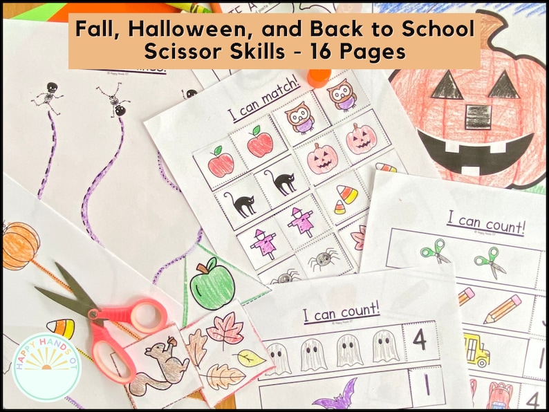 May include: A collection of educational activity sheets for fall, Halloween, and back-to-school scissor skills. The sheets feature illustrations of pumpkins, apples, ghosts, and other seasonal images. Includes a pair of pink-handled scissors.