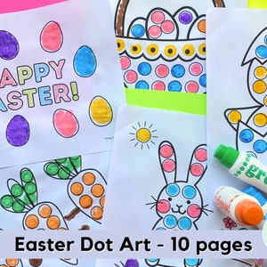 May include: A set of 10 printable Easter dot art pages featuring images of a bunny, a chick, a basket of eggs, carrots, and eggs. The pages are designed for children to use dot markers to color the images. The text "Happy Easter!" is included on one of the pages.