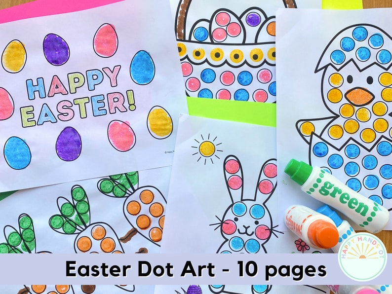 May include: A set of 10 printable Easter dot art pages featuring images of a bunny, a chick, a basket of eggs, carrots, and eggs. The pages are designed for children to use dot markers to color the images. The text "Happy Easter!" is included on one of the pages.