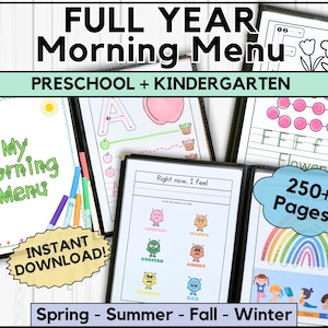 May include: A collection of educational printables for preschool and kindergarten. The image shows several open binders with colorful pages, including writing practice, drawing activities, and an emotional check-in. Text includes "Full Year Morning Menu" and "Instant Download!"