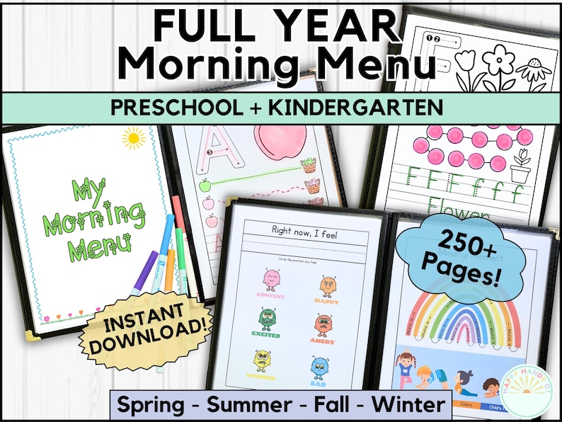 May include: A collection of educational printables for preschool and kindergarten. The image shows several open binders with colorful pages, including writing practice, drawing activities, and an emotional check-in. Text includes "Full Year Morning Menu" and "Instant Download!"