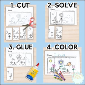 Puede incluir: Una hoja de actividades educativas de cuatro pasos para ni&ntilde;os. Los pasos son: Cortar, Resolver, Pegar y Colorear. La actividad incluye un rompecabezas de jard&iacute;n de flores, tijeras, pegamento y crayones. El nombre "Olivia" est&aacute; escrito.
