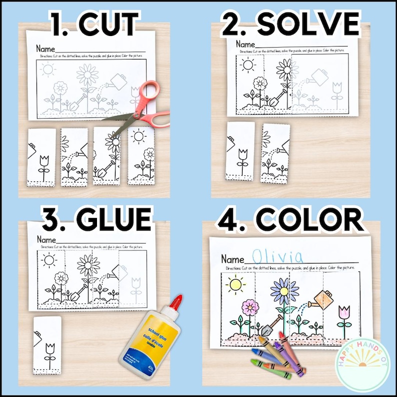 Puede incluir: Una hoja de actividades educativas de cuatro pasos para ni&ntilde;os. Los pasos son: Cortar, Resolver, Pegar y Colorear. La actividad incluye un rompecabezas de jard&iacute;n de flores, tijeras, pegamento y crayones. El nombre "Olivia" est&aacute; escrito.