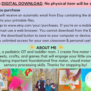 May include: A digital download for fine motor skills activities for toddlers. The image shows a variety of colourful worksheets, crafts, and games. The text "HAPPY HANDS OT" is visible in the bottom right corner of the image.