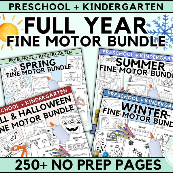 LOT IMPRIMABLE - Années complètes de feuilles de travail de motricité fine préscolaire - Exercices d'écriture manuscrite et feuilles de traçage, marqueur à points, compétence ciseaux