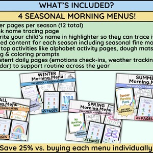 May include: A digital download featuring four seasonal morning menus for preschool and kindergarten. Each menu includes cover pages, tracing pages, themed activities, and daily pages. The image shows examples for winter, fall, spring, and summer.