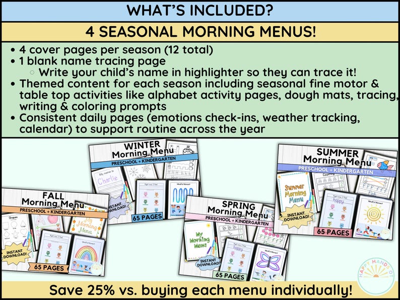 May include: A digital download featuring four seasonal morning menus for preschool and kindergarten. Each menu includes cover pages, tracing pages, themed activities, and daily pages. The image shows examples for winter, fall, spring, and summer.